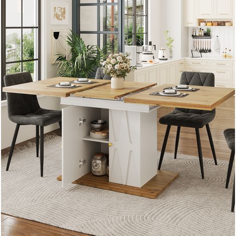 Esszimmergarnitur MDF und Metall in Weiß, 5-teilig, Ausziehtisch 110(140)x70x76,5 cm mit 4 Polsterstühlen (1/5)