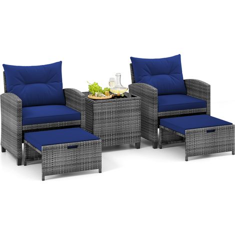 COSTWAY 5 Piece Wicker Patio Furniture Set with 2 Cushioned Chairs and 2 Ottomans (1/5)