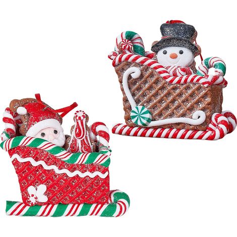 (Set: Alter Mann im Schlitten A + Schneemann im Schlitten B) 2 Christbaumschmuckstücke aus Polymerclay, europäischer Landhausstil, amerikanischer Weihnachtsschlittenanhänger (1/2)