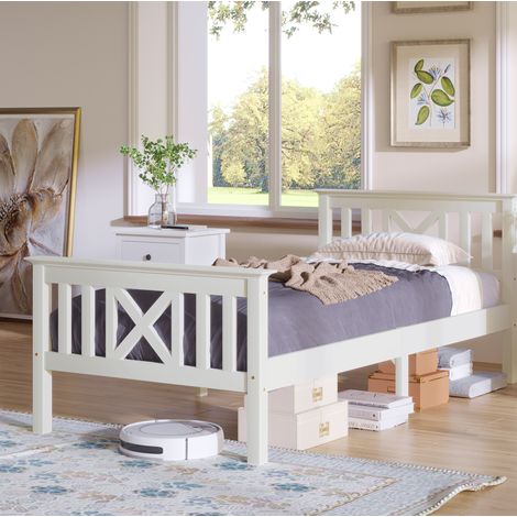 Bett Massivholz Weiß 90x200 cm, Einzelbett mit Lattenrost, X-förmigem Kopfteil und 24 cm Stauraum unter dem Bett (1/5)