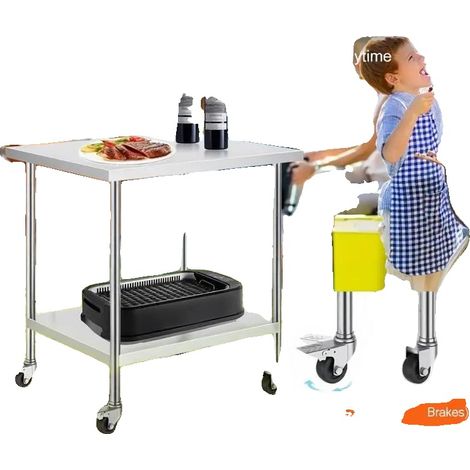 Mesa de preparación de alimentos, material de acero inoxidable, 45,7 x 76,2 x 96,5 cm, 3 niveles de altura ajustables, 4 ruedas, armario de almacenamiento resistente. (1/5)