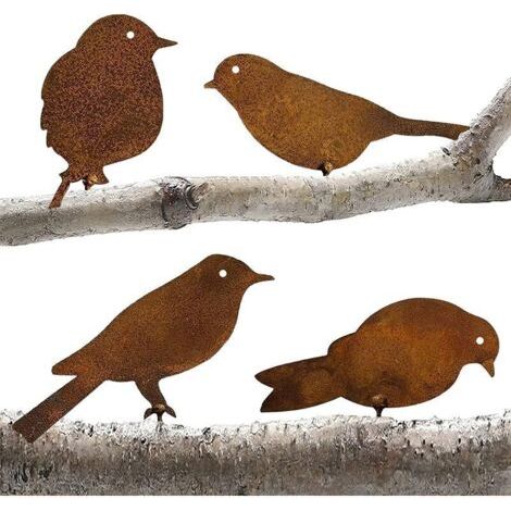 Pair Bouchon décoratif de jardin effet rouillé, 4 oiseaux en métal avec vis, silhouette d'oiseau, ornement de jardin en métal à patine effet rouillé, ornement de jardin (1/5)
