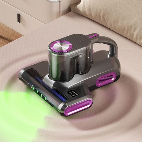 Aspirateur anti-acariens gris violet sans fil, détection poussière lumière verte avec double bac pour maison (1/5)