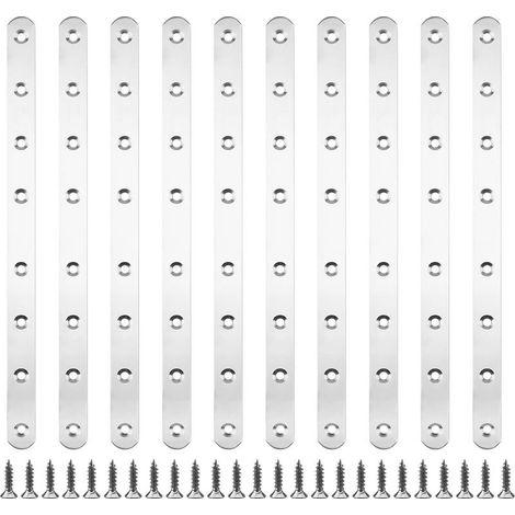 10 pièces 293 x 19 x 3 mm Pattes D'assemblage Supports de Fixation Droits Plats Plaques Dassemblage Métalliques en Acier Inoxydable avec 80 vis de Fixation pour Cadres de Lit, Chaises, Tables (1/5)