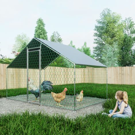 Hühnerauslauf für draußen – Metall-Hühnerstall 3 x 2 x 2 m – Wasserdichtes PE-Dach – Sicherheitsschloss – Silber