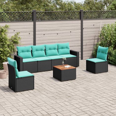 Salon de jardin 7 pièces en résine tressée noire avec rangement et coussins bleus, 56.2kg - PANGIVO (1/5)