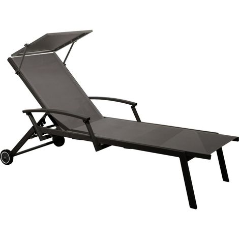 PROLOISIRS Lit empilable - FLORENCE - Aluminium époxy graphite - Toile TPEP gris - Accoudoirs escamotables - Ombrelle - Roues