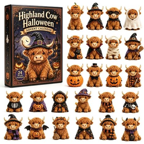 Halloween-Adventskalender 2026 – 24-teilig – braun, schwarz, orange – Acryl – 28 x 20 cm – Hochlandrind-Motive – Hängedekoration – geeignet für Halloween-Partys und als Innendekoration (1/5)