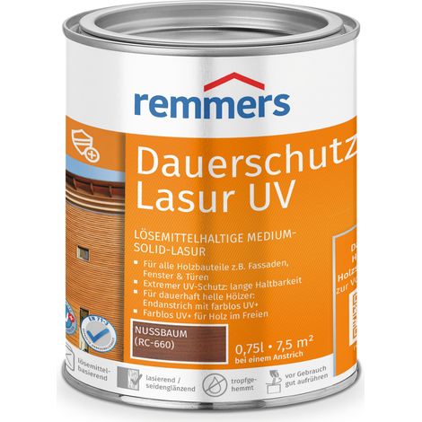 Remmers Dauerschutz-Lasur UV nussbaum, 0,75 Liter, Holz UV-Schutz für außen, auch für helle Farbtöne und farblos UV+, blockfest, wetterbeständig