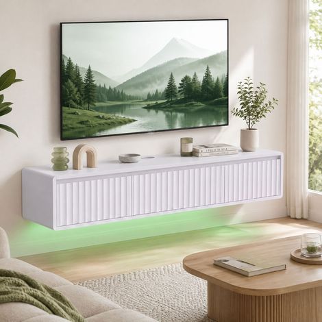 Meuble TV Suspendu Flottant 120 cm LED et Prises, pour 65 Pouces, Blanc, Design Flottant (1/5)