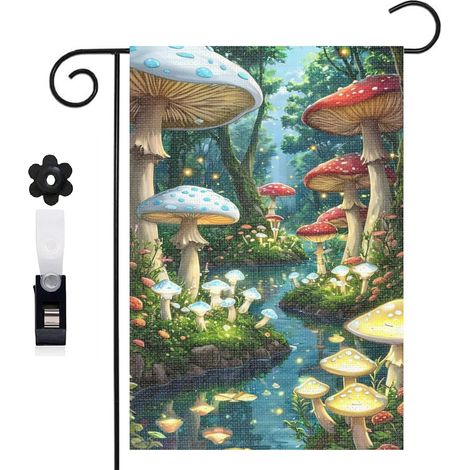 Drapeau de jardin bienvenue 30 x 45 cm motif champignons forestiers style conte toile double face durable (1/5)