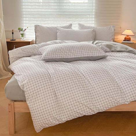 Parure de lit 155 x 220 Set, gris à carreaux, style maison de campagne, carreaux 8 mm, géométrique housse de couette 155 x 220 cm + 2 taies d'oreiller 80 x 80 cm, motif à carreaux de fermier (1/5)