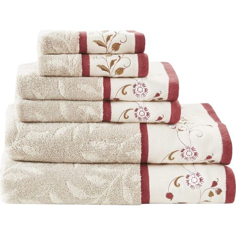 Lot de Serviettes de Bain 100% Coton, Broderie Florale, Motif Jacquard Doux, très Absorbant pour la Douche, Plusieurs Tailles, Rouge (1/5)