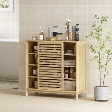Bambus-Badezimmerschrank mit 2 Schiebetüren, Lamellendesign, 4 Einlegeböden, Badezimmeraufbewahrung, 80 x 34 x 80 cm, Natur