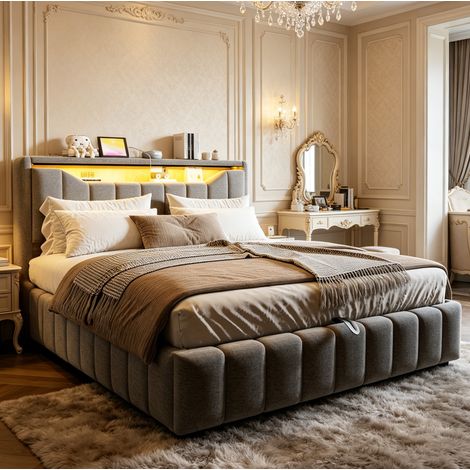 Lit coffre 180x200 cm avec rangement hydraulique, LED, USB et USB-C, tête de lit avec rangement, tissu - gris (1/5)