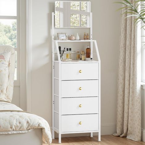 Commode Chambre 4 Tiroirs Tissu Commode Haut avec Miroir, Blanc (1/5)