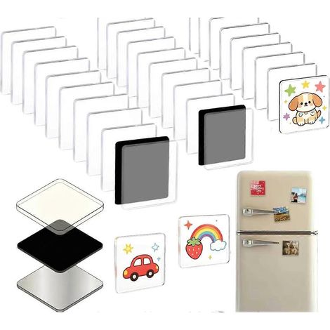 Lot de 50 aimants transparents acrylique 5x5 cm adhésif puissant cadres photo carrés adhésifs pour réfrigérateur et tableau blanc (1/5)