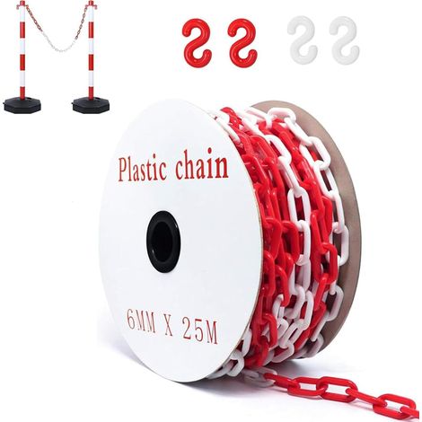 Chaîne de signalisation en plastique rouge et blanc de 25 m, 6 mm, pour chantier, parking et entretien des commandes (1/5)