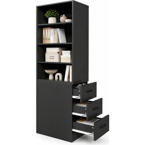 ELVMI Libreria con 3 Cassetti e 4 Nicchie, Ripiani Regolabili, Salotto, 60×38×180 cm, in Truciolato, Nero (1/5)