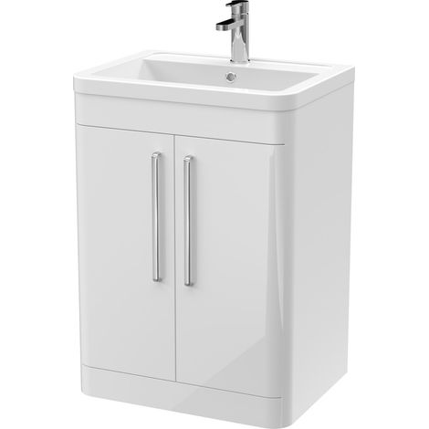 Nuie Parade Floor Standing 2-Door Vanity Unit with Ceramic Basin 600mm Wide - Gloss White