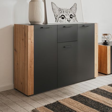 CALICOSY - Buffet 3 portes 1 tiroir décor anthracite et chêne L125cm LUMA (1/5)