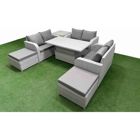 Fimous 8 Seater PE Wicker Rattan Furniture Sofa Sets with Adjustable Lifting Dining or Coffee Table 2 Seater Love Sofa 2 Big Footstool Side Table Light Grey (1/5)