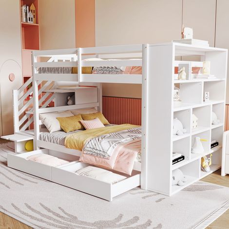 Etagenbett modern 90x200 cm weiß aus Holz mit Sicherheitstreppe, Stauraumfächern, Schubladen, Schrank und Lattenrost (1/5)