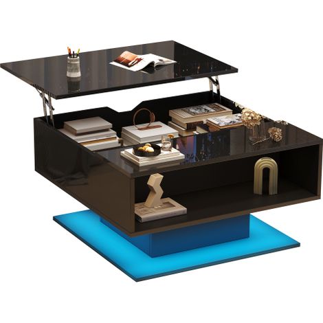 Couchtisch höhenverstellbar 80x75x40 cm Schwarz Hochglanz, LED Couchtisch mit Liftfunktion, Sofatisch mit Stauraum, Wohnzimmertisch