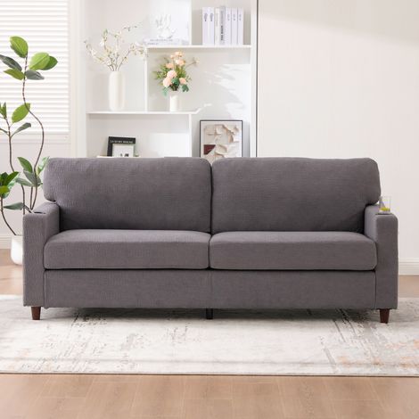Canapé moderne 2 places 203x77.5x86 cm -avec port USB-C, LED, porte-gobelets et poches latérales-Gris clair (1/5)