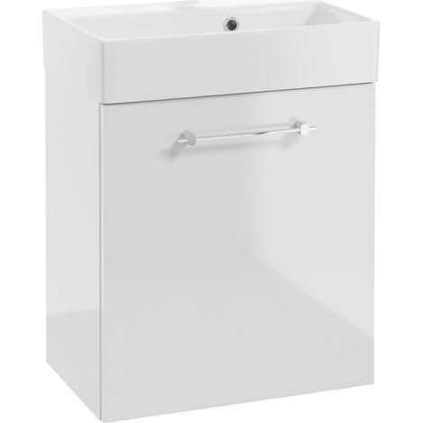 Mobiletto da bagno sospeso con lavabo integrato, 60x50 cm. Bianco lucido, maniglia cromata. Elara (1/5)