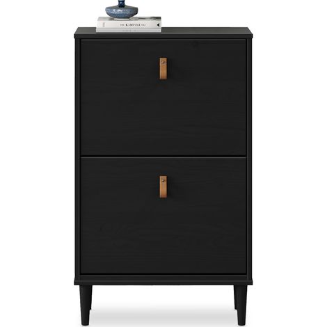 Idimex – Meuble à chaussures noir en bois massif – Capacité jusqu'à 10 paires – Poignées en cuir vintage – Format compact pour petits espaces (1/4)