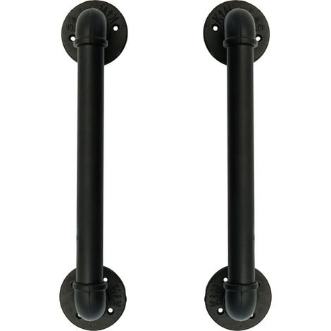 Ensemble de 2 poignées de porte industrielles en tuyau, barre d'appui, poignées de porte de grange, fonte rustique antique pour main courante, noir, 50 cm de long (32D, 45L)