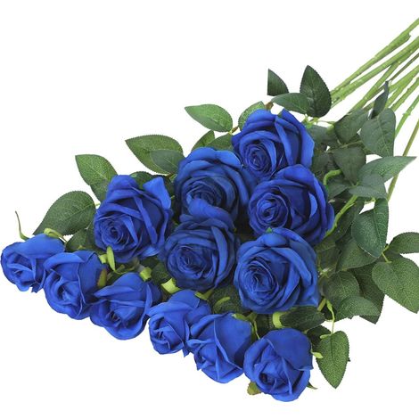 Roses Artificielles - Tiges Uniques en Soie avec Tiges Métalliques Recouvertes de Plastique - 12 Pièces (6 Fleurs Écloses + 6 Boutons) - 53 cm - Bleu Dusty (1/5)
