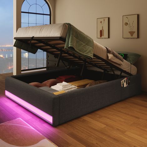 Cama individual 90x200cm Almacenamiento hidráulico Lino MDF LED multicolor carga rápida USB Type-C bolsillos laterales gris (Sin colchón) (1/5)