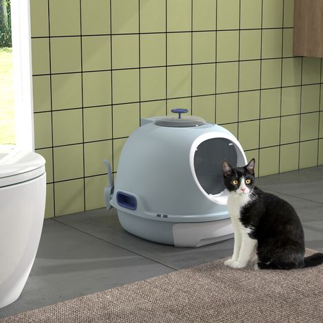 Bac litière chat Bleu maison toilette portable tiroir coulissant porte battante lucarne + pelle 47x55x44 cm