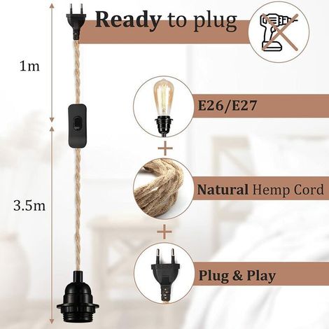 2 paires Lustre Corde de Chanvre Câble 4.5m, Douille E27 Interrupteur avec Fil Cable Ampoule, Pour DIY Lampe Suspension Lumière Pendante Industrielle Lustre Douille Fil Electrique Vintage (1/4)