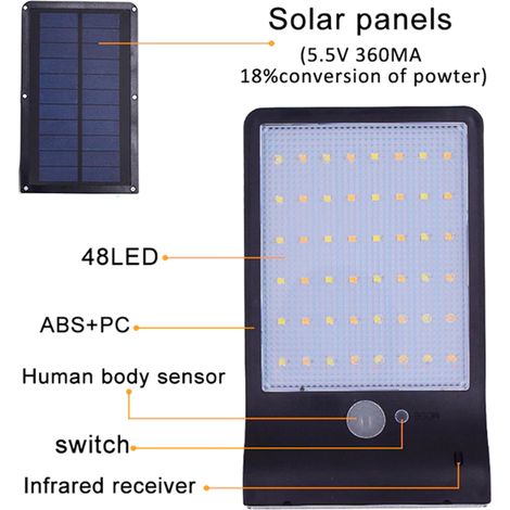 Solarbetriebene Wandleuchte mit 48 LEDs, PIR-Bewegungsmelder, Fernbedienung, IP65-wasserbeständig, für den Außenbereich, geeignet für Terrasse, Gartenweg und Garten. (1/5)