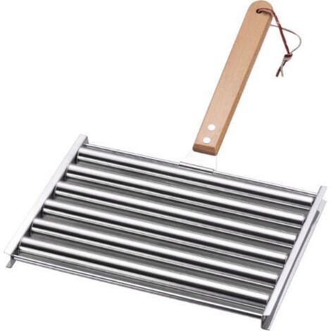 Rullo per salsicce in acciaio inox per barbecue con manico in legno extra lungo, ideale per hot dog, salsicce merguez e carni grigliate, accessorio girevole per barbecue, capacità 5 salsicce
