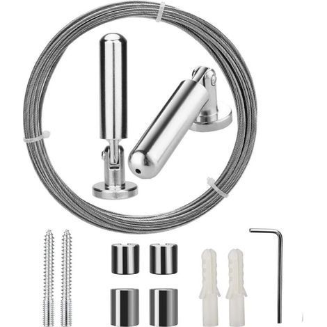 Acier inoxydable fil tendeur pour rideaux avec pinces et supports de fixation, câble de suspension pour rideaux légers et photos, longueur 5 mètres (1/5)