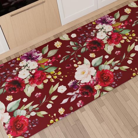 PETTI Artigiani Italiani - Tappeto Cucina Passatoia Cucina Antiscivolo e Lavabile 52x280 cm Disegno Floreale 07 Bordeaux 100% Made in Italy (1/5)