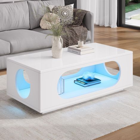 Table basse blanche brillante avec LED APP, 100x50x35 cm MDF, charge 30 kg, ajourée et grand rangement