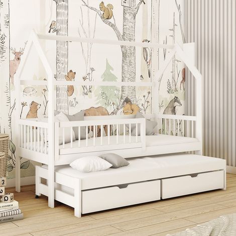 Lit cabane 90x200 sommiers lit gigogne et tiroirs Lino Blanc (1/3)