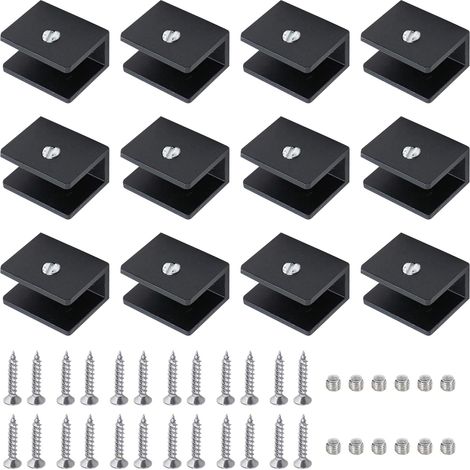 12 Pièces Pince à Verre, Support de Cloison En Verre Réglable, Verre 8 à 10 mm Support Tablette Murale, Aluminium Supports D'étagère, Pour Salle d'eau, Balcon avec Vis, Noir (1/5)