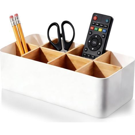 Organiseur de bureau, 8 compartiments, porte-stylos, blanc, boîte de rangement multifonctionnelle pour bureau, cosmétiques, notes autocollantes, télécommandes (1/5)