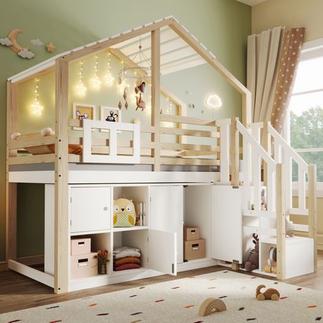 Cama alta infantil 90x200 cm blanca y natural en pino con escalera de almacenaje (1/5)