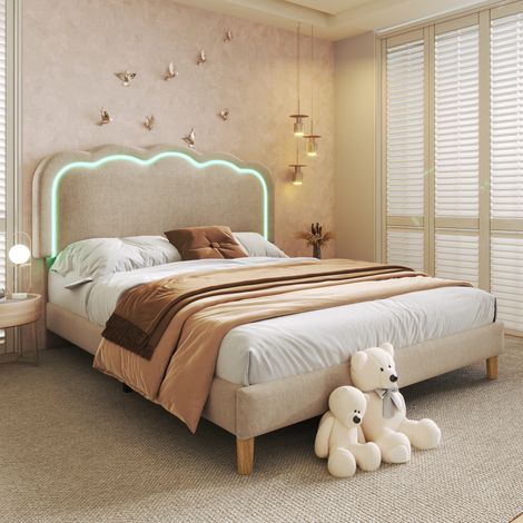 Cama doble 140x200 cm con LED cabecero ajustable terciopelo beige (Sin Colchón) (1/5)
