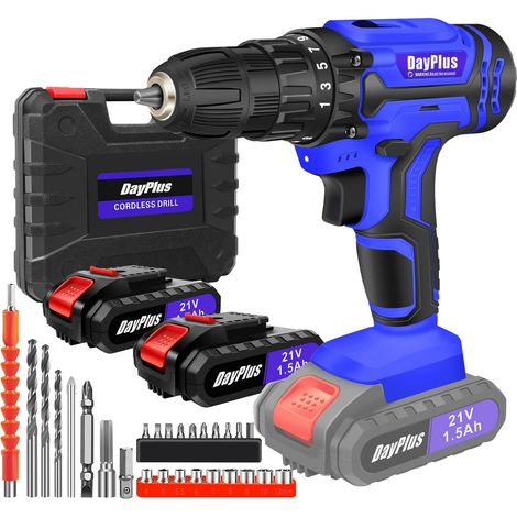 Ensemble de perceuse électrique sans fil 21V, 2 chargeurs de batterie 1500mAh, moteur puissant de 45 Nm, ensemble d'accessoires de 26 pièces, adapté aux projets de bricolage pour la maison et le jardi (1/5)