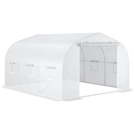 royaluxe -Outsunny Serre de jardin serre tunnel de Jardin dim. 3,5L x 3l x 2H m Porte + 6 fenêtres enroulables Acier galvanisé bâche PE Haute densité Blanc (1/5)