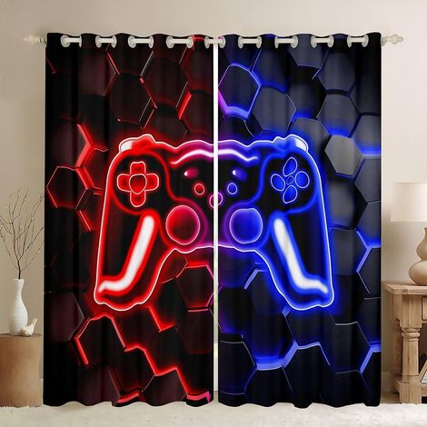 Rideau Occultant 140x260 cm Jeu, Rideau Néon Honeycomb Gamer, Rideaux Voilage Console de Jeu Rétro, Voilage Fenetre Lumières Hexagonales Bleues Rouges, pour Chambre SalonDécor de Jeu - 140L X 260H cm (1/5)