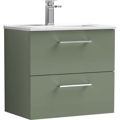Balterley  Contemporary Bathroom 2 Soft Close Drawer & Minimalist Wall Hung Vanity Unit Basin, Satin Green, 600mm
